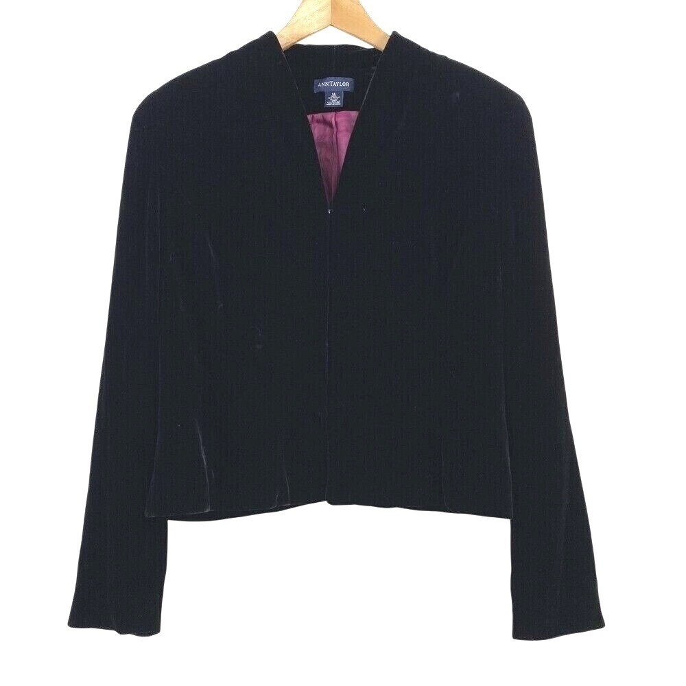 Ann Taylor Womens Velvet Silk Lined Blazer jacket size 14 Black Boho Holiday